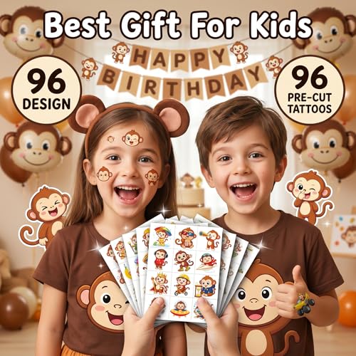 96 Monkey Temporary Tattoos for Kids - Jungle Party Favors