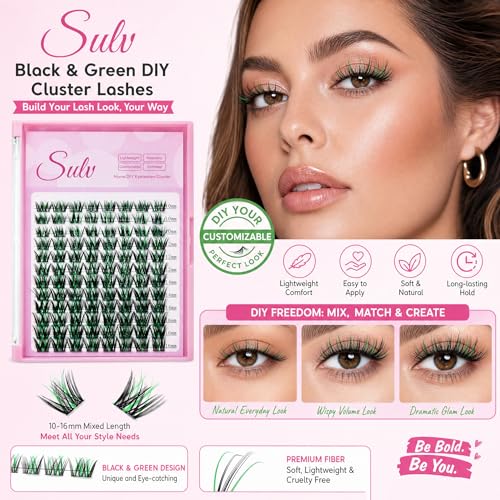 Black & Green 3D Cluster Lashes - 10mm Fluffy Extensions