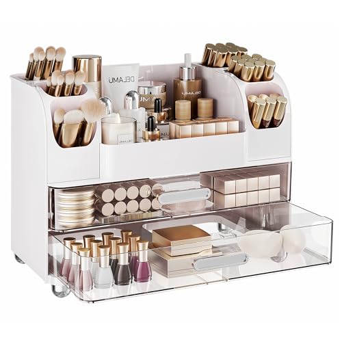 Delamu Large Makeup Organizer with 6 Brush Holders & 2 Drawers