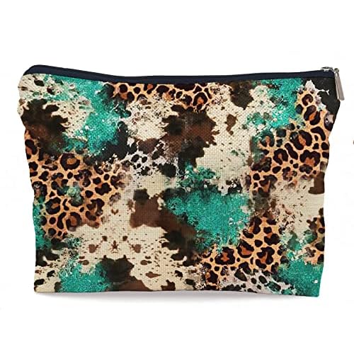 Western Cowhide Leopard Turquoise Glitter Pattern Fashion Makeup Bag Make up Cosmetic Bag Small Zipper Pouch,Gifts for Girls Women