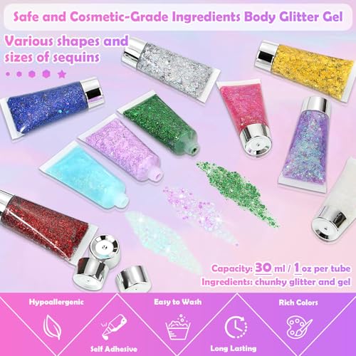 Flasoo 10 Color Body Glitter Gel Kit - Face Sparkle for Festivals
