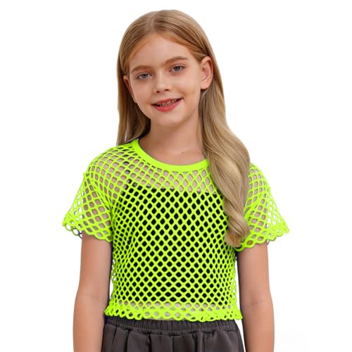 Neon Fishnet Crop Top | Girls' Sheer Mesh Hip Hop Dance Shirt