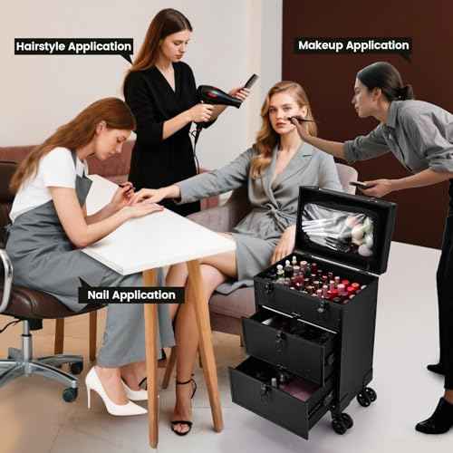 Professional 3 in 1 Rolling Makeup Case Cosmetology Case on Wheels 2 Large Drawer Nail Case Trolley Traveling Cosmetic Train Case with Makeup Pouch for Artists Nail Technician Salon Cart Trunk Black