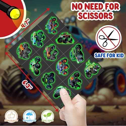 96PCS Monster Truck Pre-Cut Temporary Tattoos for Kids - Super Cute Birthday Party Supplies, Favors, and Decorations - Fake Tattoos Stickers for Boys, School Rewards, and Gifts (Luminous)