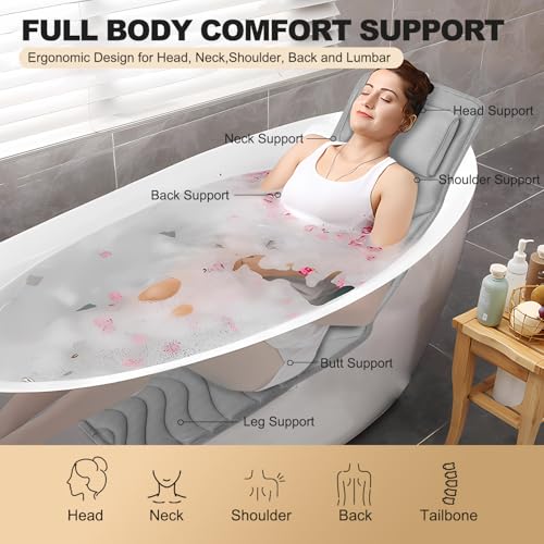 Full Body Bath Pillow for Bathtub, Non-Slip Bath Pillows for Tub, Spa Bathtub Pillow Cushion for Headrest Neck Shoulder and Back Rest Support£¬Relaxation Spa Accessories-50 x 15" (Grey)