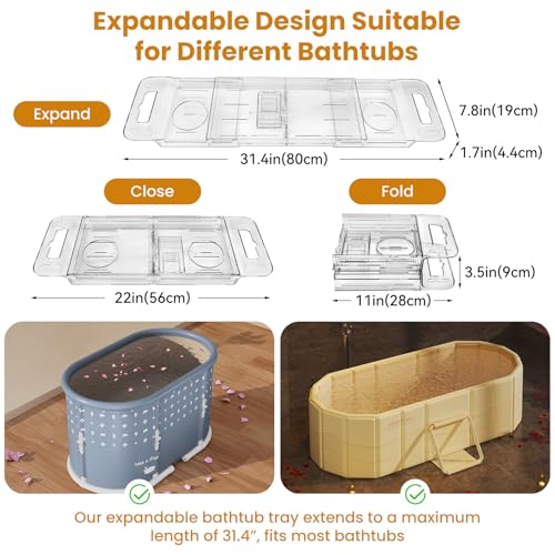 Foldable Bathtub Tray, Expandable to 80cm Acrylic Bath Tray for Tub, Bath Tub Tray Shower Storage Rack, Bath Table Trays for Bathtub (Transparent Bathtub Tray)