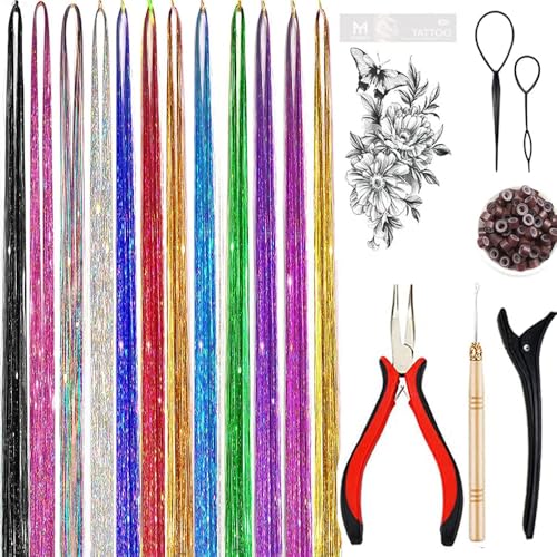Amchoice Hair Tinsel Kit 16 Colors with Tools, 3500 Strands Long 48in
