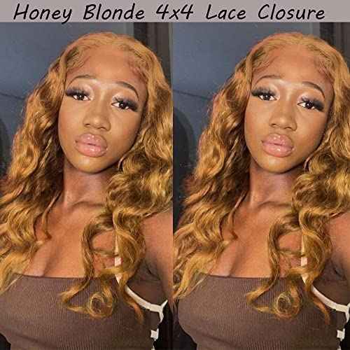 X-TRESS 4X4 Honey Blonde Closure Human Hair Pre Plucked With Baby Hair 4X4 Transparent Lace Free Part Bleached Konts 16 Inch Malaysian Natural Hair Human Hair Body Wave Honey Blonde Lace Closure
