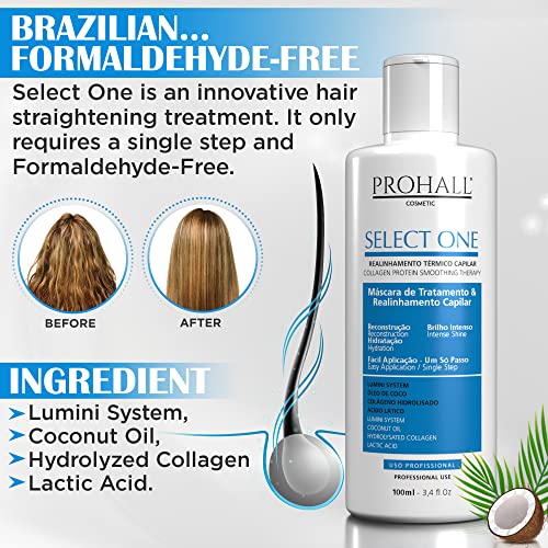 Prohall Cosmetic Select One Brazilian Keratin Hair Treatment for Dry Damaged Hair- Formaldehyde Free Hair Protein Smoothing-Reduce Frizz & Volume while Promoting Hydration, Silkiness & Shine-3.40 FlOz