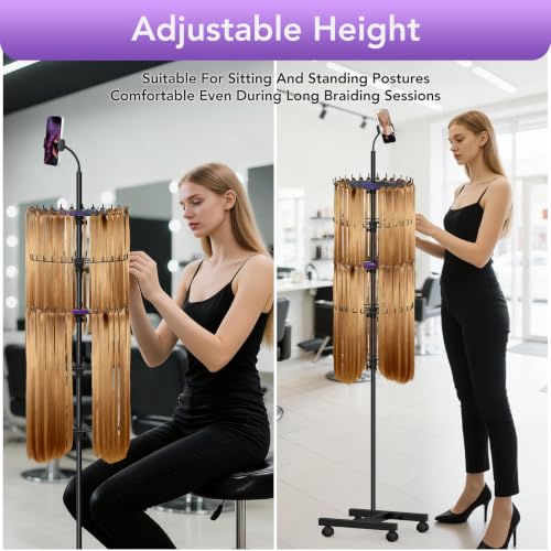Adjustable Hair Braiding Rack Stand with 140 Hooks & Phone Holder