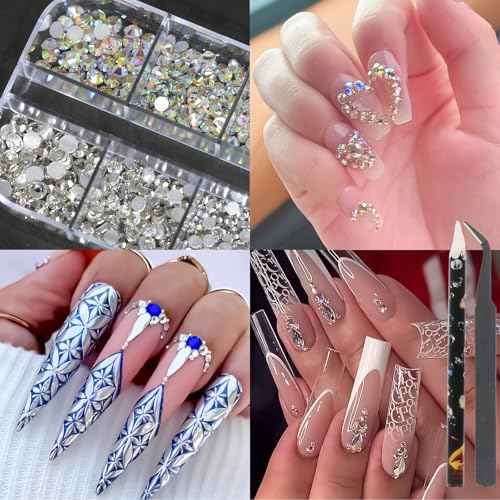 HNUIX Nail Rhinestones and Pearls Nail Charms, 4Box Crystals Nail Gems, Rhinestones, Pearl for Nails Gemstones Bling for DIY Nail Art Decor , with Wax Pencil and Tweeze