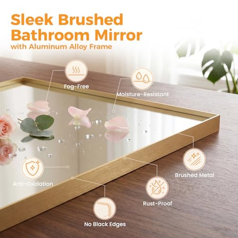 30" x 36" Gold Rectangle Bathroom Mirror with Tempered Glass