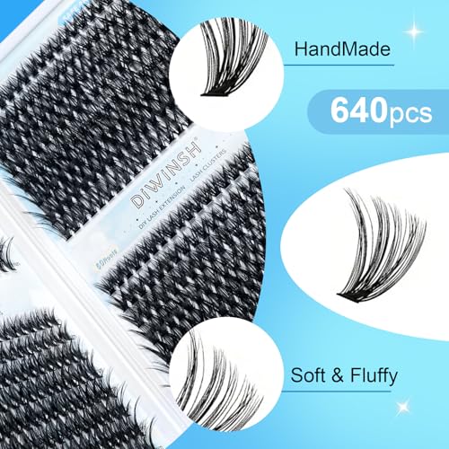 640PCS Eyelash Clusters 30D+40D+50+60D Volume Lash Clusters Wispy Individual Lashes D Curl Fluffy Lash Extension 9-16mm DIY Natural Cluster Eyelash Extensions for Beginners