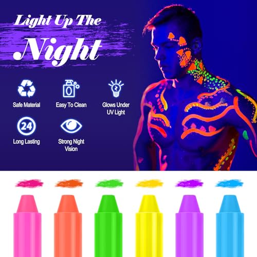 glow in the dark body face paint, 12pcs neon accessories for glow party supplies, UV Crayon Kit neon party decorations for Birthday Party Halloween Masquerade Makeup for Kids Adult