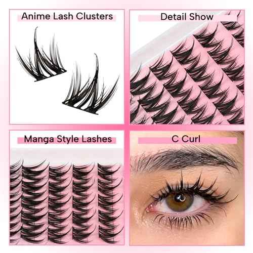 Lash Clusters Manga Eyelash Clusters Spiky Cluster Eyelash Extensions 80Pcs C Curl Individual Lashes Volume Anime Lash Clusters with Thin Band Cosplay Lashes DIY at Home (Cutey)