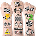 Checkered Temporary Tattoos for Kids and Adults ? Black and White Racing Flag Designs, Waterproof Party Favors for Race Car Birthday Supplies & Decorations, Sports Events, Goodie Bags