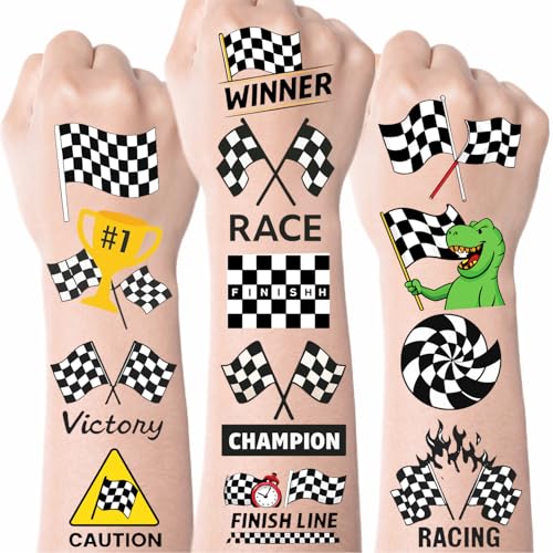 Checkered Temporary Tattoos for Kids and Adults ? Black and White Racing Flag Designs, Waterproof Party Favors for Race Car Birthday Supplies & Decorations, Sports Events, Goodie Bags