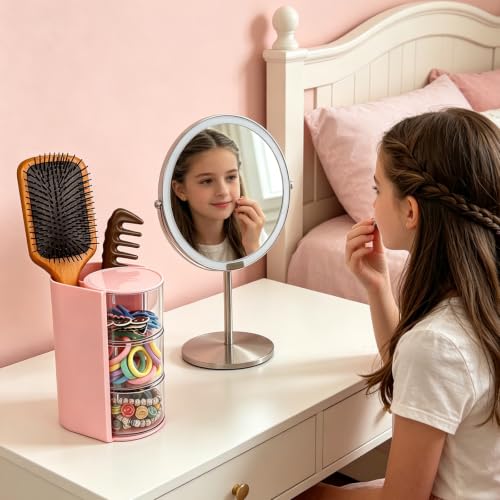 Pink Hair Accessories Organizer with Brush Holder - 180° Rotating Storage