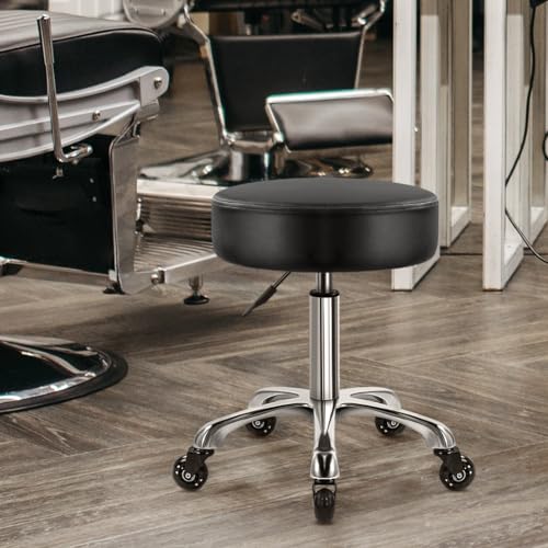 Heavy Duty Rolling Stool with Wheels Hydraulic Swivel Adjustable Rolling Chair Ergonomic Thick Leather Seat Stool Chair for Kitchen Drafting Lab Office Salon Message Stool ? Black