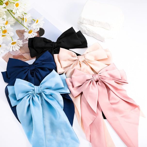 Light Blue Jumbo Silky Satin Bow Clip Hair Barrettes with Long Tails - Large French Metal Bowknot Hairpins for Girls