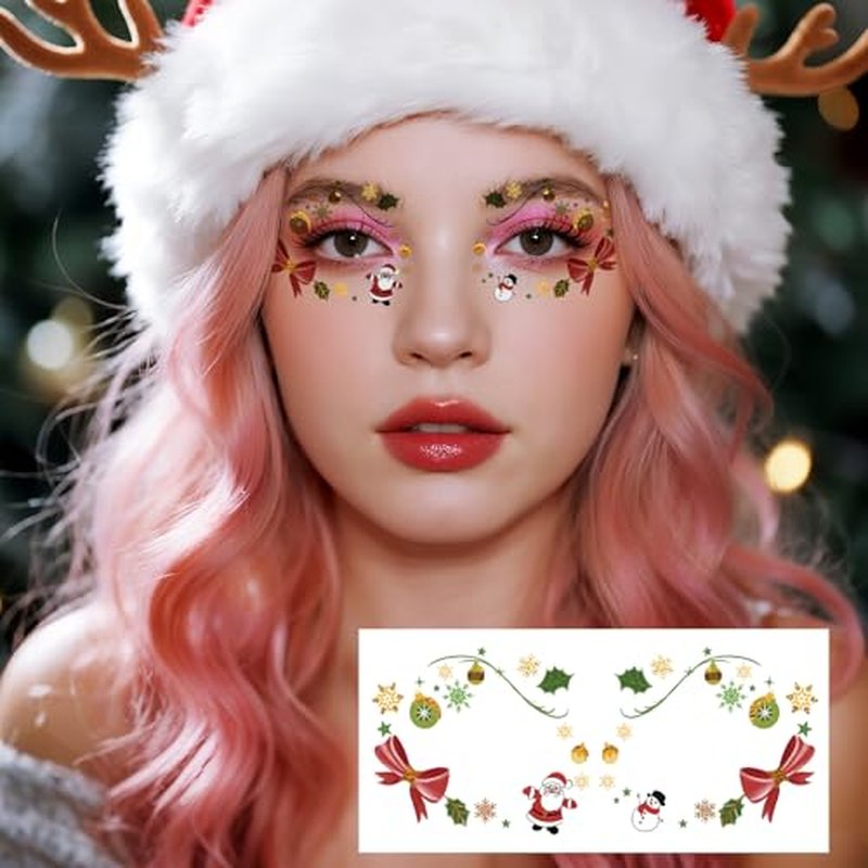 24 Sheets Christmas Face Temporary Tattoo, Upper & Lower Lash Realistic Designs Waterproof Christmas Fake Tattoos for Men & Women Cosplay Party & Festive Looks & Stage Face Makeup Decoration