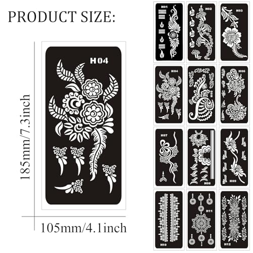 Henna Tattoo Stencils Kit - 12 Sheets for Hands, Kids & Adults