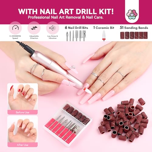 SAVILAND Builder Nail Gel Kit with Nail Drill: 6 PCS Natural Cuticle Oil Pen Castor Oil Vitamin E Builder Nail Gel in a Bottle Hard Gel for Nails Strengthener Extension Mini U V Lamp Nail Glue Gel
