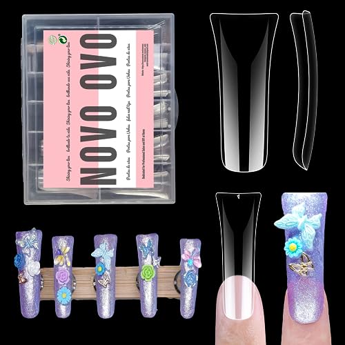 NOVO OVO Duck Nail Tips Full Cover Kit, Clear Soft Gel Flare Feet Nails Press On for Acrylic, Extra Short + Medium +Extra Long Full Cover (each1 box of 120 pcs) Flase Nail Tips