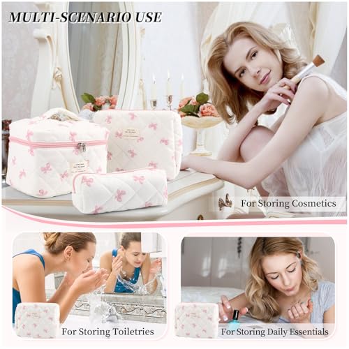 Quilted Floral Makeup Bag Set for Women - 3 Sizes, Travel Organizer