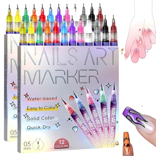 2 Set 12 Colors Nail Art Pens Set - Professional Nail Markers for 3D, Dotting, Drawing & DIY