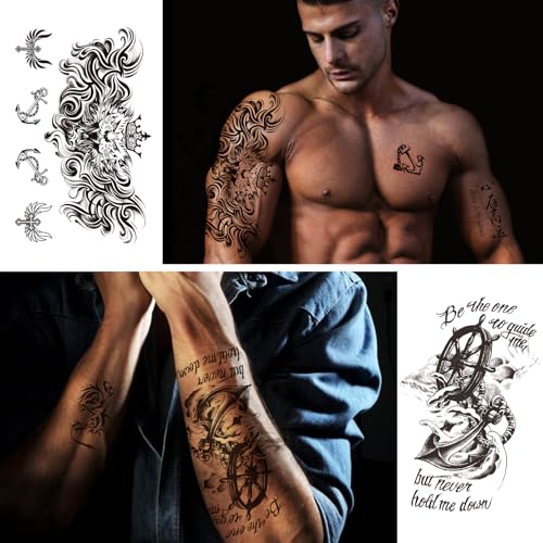 Halloween Black Realistic Temporary Tattoos for Men Women, Waterproof Half Sleeve Fake Tattoos Boys Girls, Flower Skull Cross Scorpion Wolf Snake Spider Letter Tattoo Kits Parties Festivals Cosplay