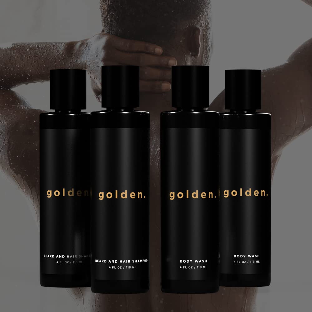 Golden Grooming Co. 3-in-1 Men's Body Wash - Hair & Beard Shampoo - Cleanses, Hydrates, Softens - Body Wash for All Skin Types - Refreshing Scent - Shower Double Pack | Pack of 4