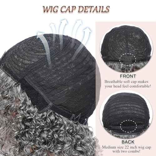 HUA Grey Human Hair Pixie Cut Wigs for Black Women - Mixed 8 Inch Short Salt and Pepper Straight Layered Grey Wigs with Natural Wave