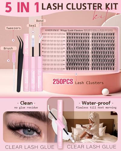 Goddvenus V-natural Clusters Eyelash Extension Kit with Bottom Lashes, 250Pcs Wispy C Curl DIY Fake Lashes