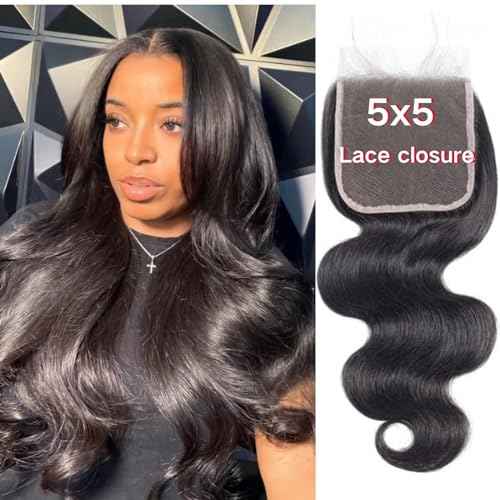 HD Lace Closure Body Wave Hair Closure - 5x5 Lace Frontal, 12A Virgin Remy Human Hair, Pre Plucked, 20 Inch Natural Black