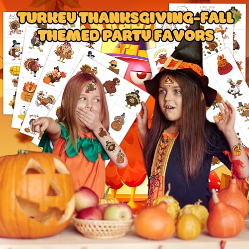 Turkey Temporary Tattoos for Kids ? 96PCS Fall&Thanksgiving Tattoos Stickers with Cute Turkeys, Leaves,Pumpkins ? Turkey Birthday Party Decorations, Supplies, Favors,Gifts School Events,Holiday Fun