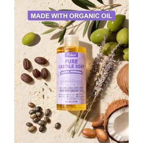 Pure Castile Soap Liquid Lavender 8 OZ, Made with Certified Organic Oils, Gentle Lavender Soap for Hands & Body Wash, Face, Dishes, Laundry & More - Vegan & Natural Ingredients Cleanser