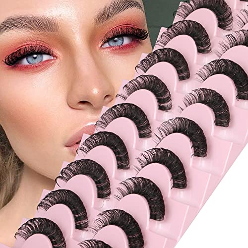 Newcally Lashes Nautral Look False Eyelashes Russian Strip Lashes Mink Wispy Lashes Pack D-curly Thick Full Volume Cat Eye Lashes Look Like Extensions 10 Pairs