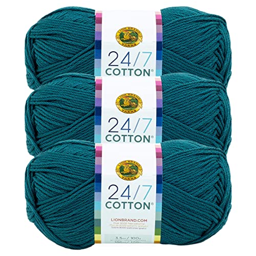 Lion Brand 24/7 Cotton Yarn, Lightweight Yarn for Knitting, Crocheting, and Crafts, Dragonfly, 3 Pack