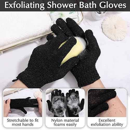 Anezus Exfoliating Back Scrubber Bath Gloves Set, Exfoliating Shower Towel with Shower Gloves for Body Scrub, Back Cleaner Wash Gloves to Remove Dead Skin (Black)