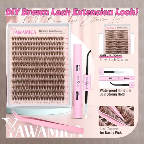 Yawamica 50D Brown Lash Clusters Kit: Fluffy DIY Eyelash Extensions (10-16mm) with Bond & Tweezers
