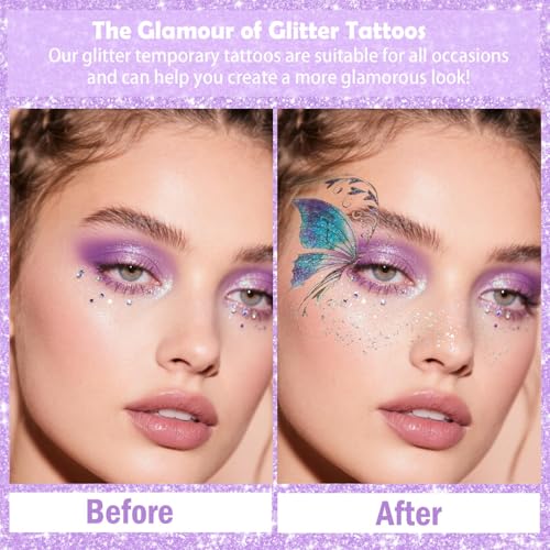 Yosca Glitter Butterfly Temporary Tattoos, 14Pcs with Gold Silver Freckles