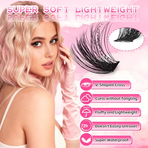Lash Clusters Kit 32 Top and 6 Bottom Eyelashes, Wispy Natural Fluffy Lashes Clusters Extensions, 10-16mm 40D 60D 80D 100D D Curl Lash Thick kit (Bond and Seal, Glue Eyelash Brush Tweezer)