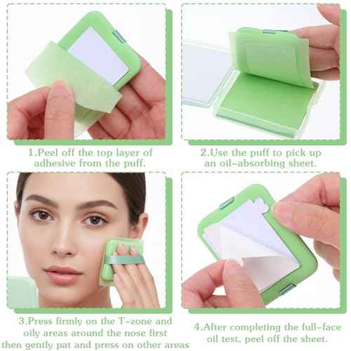 300pcs Green Oil Blotting Sheets for Face with Mirror & Puff Set | Blotting Papers for Face | Oil Absorbing Sheets Portable Oils Control Solution