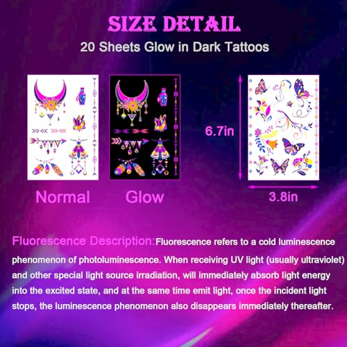 Glow in the Dark Temporary Tattoos - 20 Sheets, 200+ Styles
