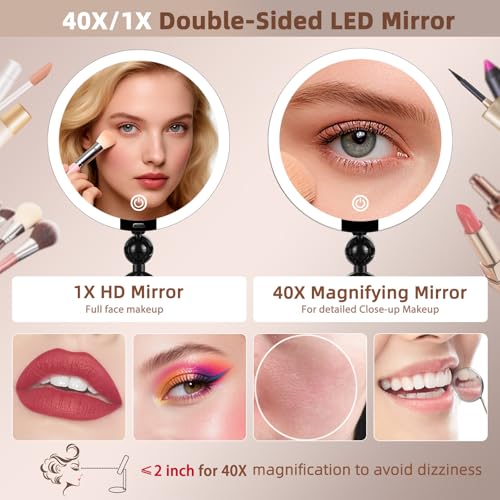 Junyaoxuan Black 6-Inch Double Sided LED Travel Makeup Mirror with 1X/40X Magnification and Dimmable Lights