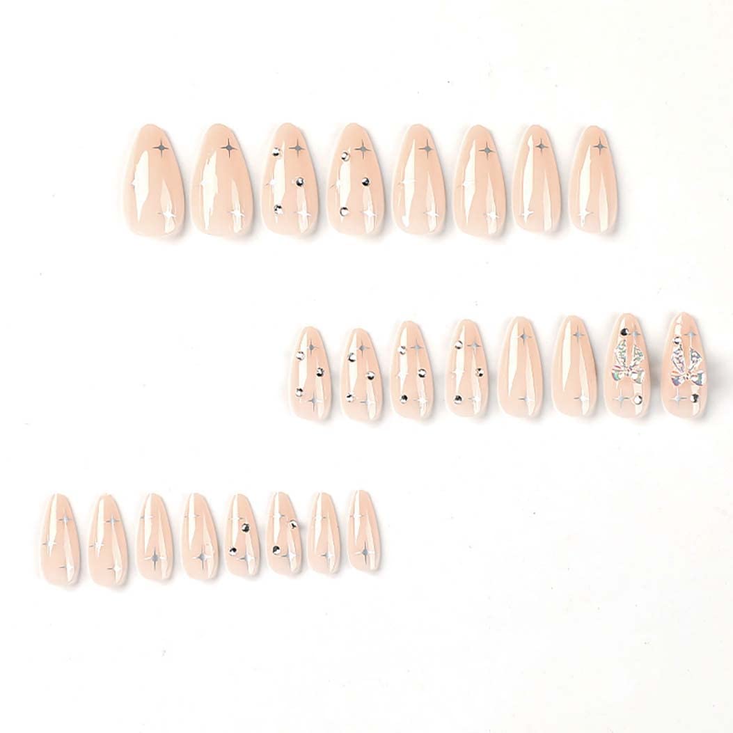 RikView Medium Press on Nails Almond Acrylic Nails Nude Nails with Rhinestones Glossy Full Cover Nails 24 PCs