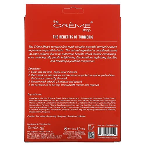 The Crème Shop Natural Essence Face Sheet Mask - Korean Facial Skin Care and Moisturizer - Turmeric for Soothing, Hydrating, Deep Cleansing, Healing, Reduce Redness - Natural Beauty Essence (5 Pack)