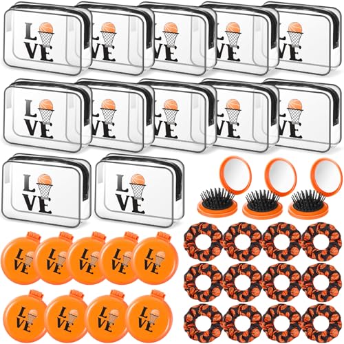 Yungyan 36 Pcs Basketball Gifts 12 Basketball Makeup Bag for Women Party Favors Team Gifts with 12 Sport Hair Scrunchies 12 Round Portable Folding Brush