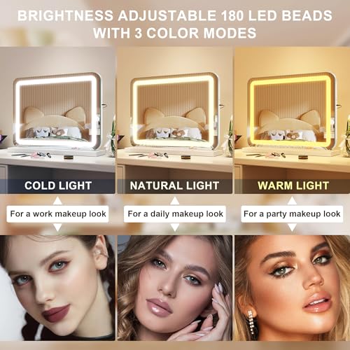 STARLEAD 19" x 14" Makeup Mirror with Lights and 10X Magnification, 3-Color Dimmable LED Lighting & Touch Control, USB Charging Port for Travel/Dressing Room